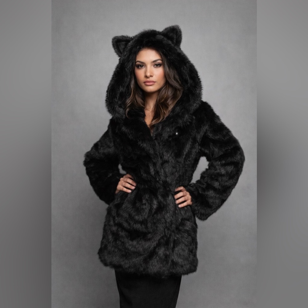 Midnight Wolf Faux Fur Coat – Statement Luxury Piece